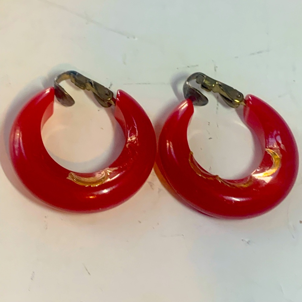 Red cherry Bakelite clip on hoop earrings